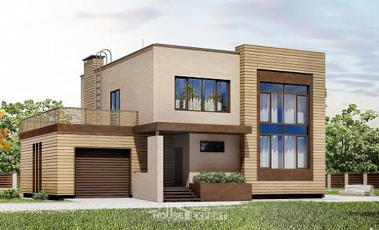 220-003-Л Проект двухэтажного дома и гаражом, современный коттедж из теплоблока Сызрань | Проекты домов от House Expert