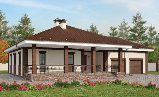 160-015-П Проект одноэтажного дома и гаражом, простой коттедж из поризованных блоков Новокуйбышевск | Проекты одноэтажных домов от House Expert