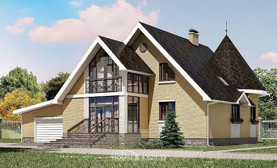 250-001-Л Проект двухэтажного дома мансардой и гаражом, уютный коттедж из поризованных блоков Отрадный | Проекты домов от House Expert